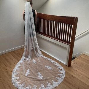 Cathedral length wedding veil with lace, light ivory